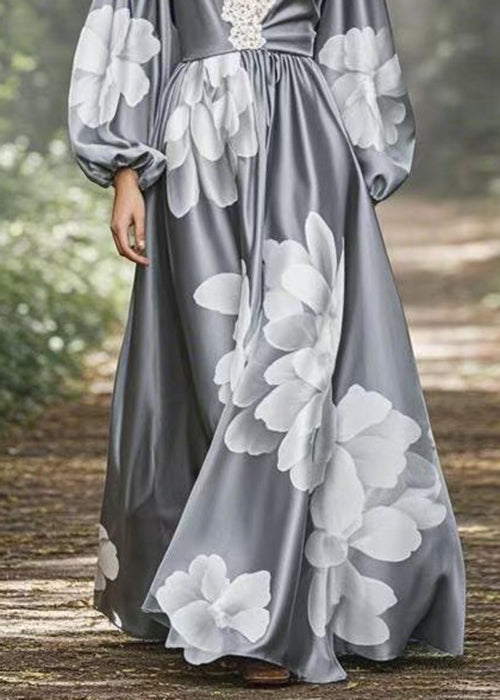 Grey Print Oversized Silk Maxi Dress V Neck Spring