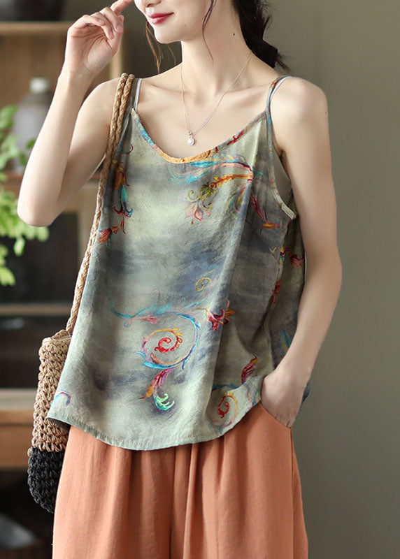 Grey Print Patchwork Linen Spaghetti Strap Tank O Neck Summer