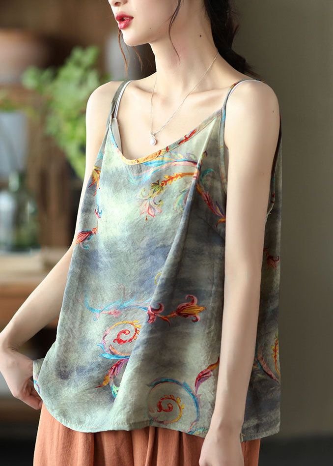 Grey Print Patchwork Linen Spaghetti Strap Tank O Neck Summer