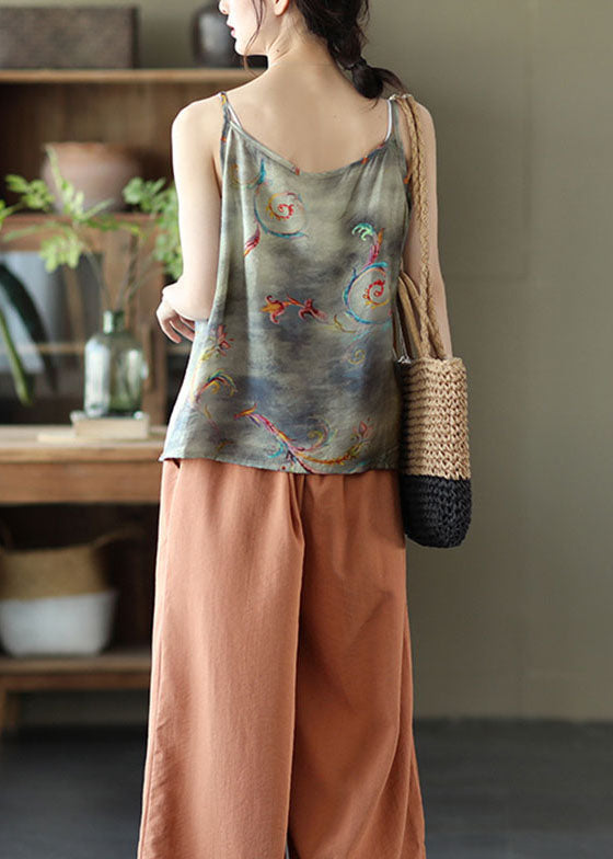 Grey Print Patchwork Linen Spaghetti Strap Tank O Neck Summer