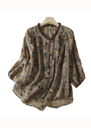 Grey Print Patchwork Linen Top Ruffled Button Summer