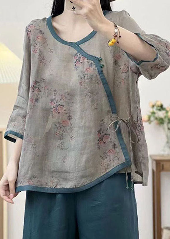 Grey Print Patchwork Linen Tops O Neck Lace Up Summer