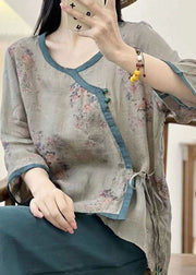 Grey Print Patchwork Linen Tops O Neck Lace Up Summer