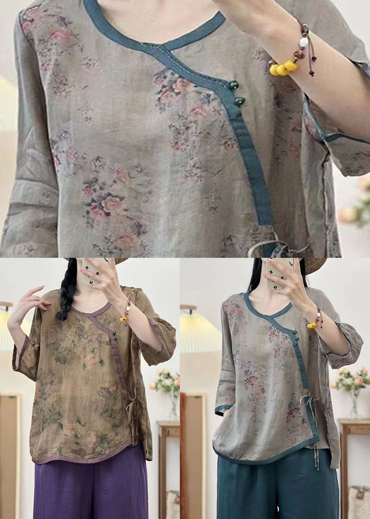 Grey Print Patchwork Linen Tops O Neck Lace Up Summer