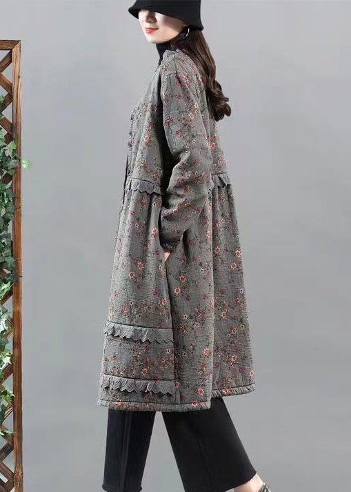 Grey Print Patchwork Warm Fleece Coats Lace Button Fall