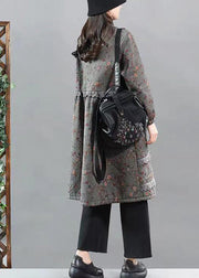 Grey Print Patchwork Warm Fleece Coats Lace Button Fall