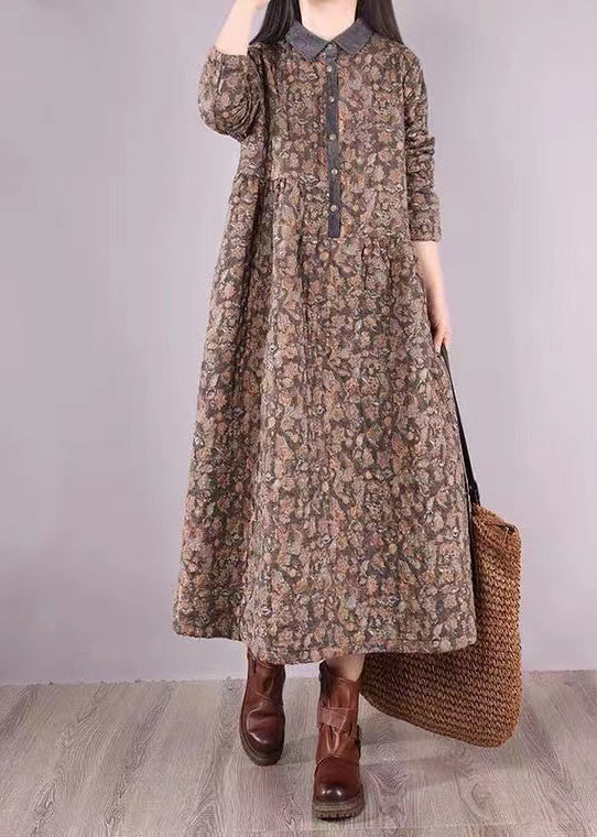 Grey Print Pockets Patchwork Fine Cotton Filled Dress Wrinkled Winter