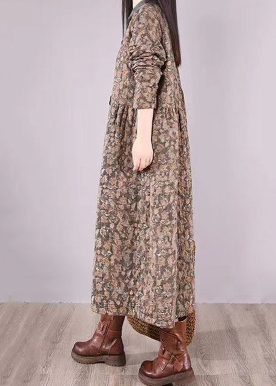 Grey Print Pockets Patchwork Fine Cotton Filled Dress Wrinkled Winter