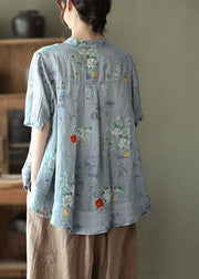Blue Polka Dots Print Cotton Shirts Low High Design Short Sleeve