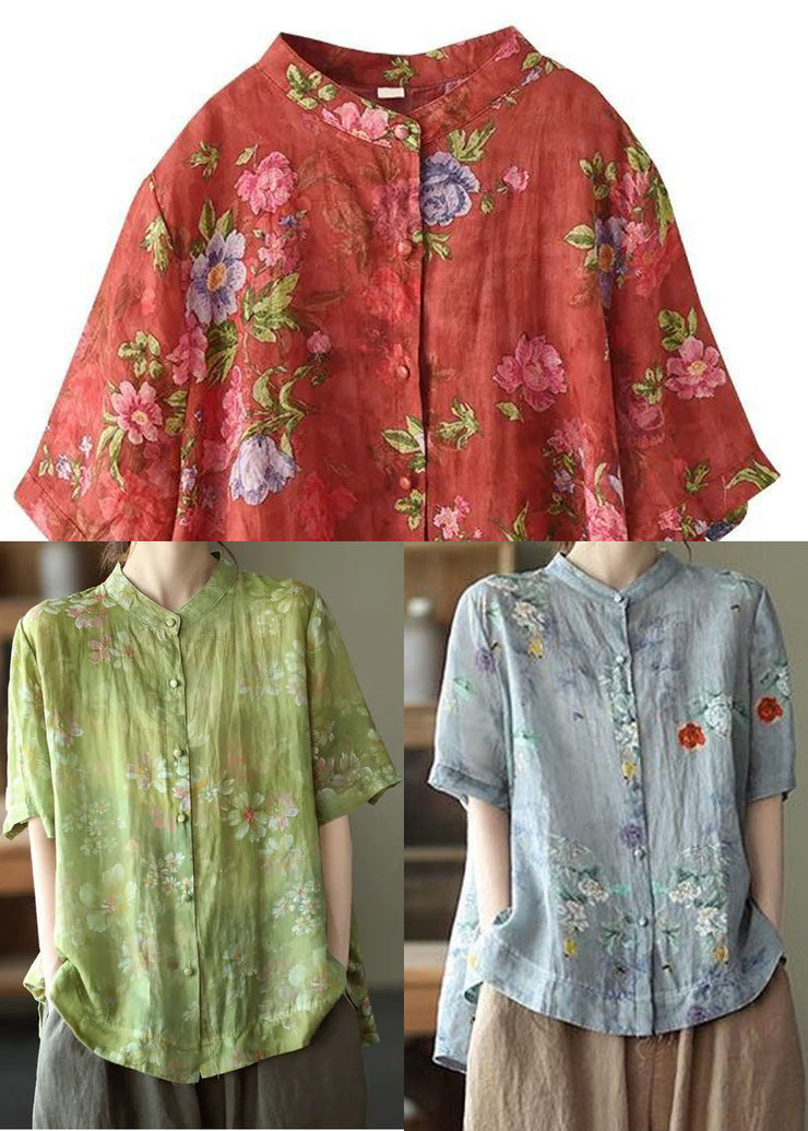Yellow Flower Print Cotton Shirts Low High Design Short Sleeve