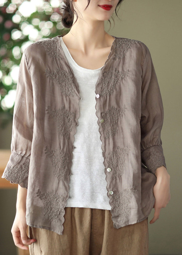 Grey Purple V Neck Button Linen Shirt Long Sleeve