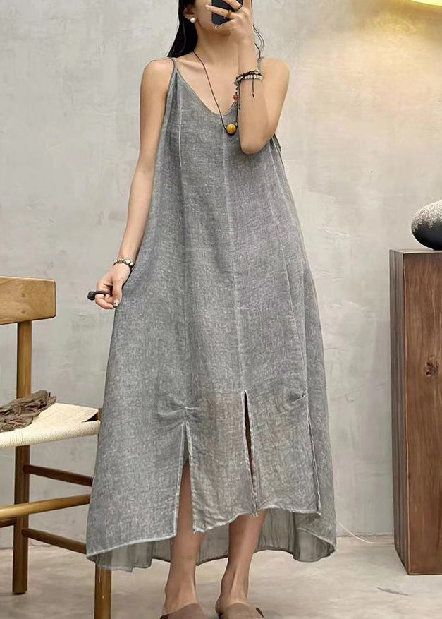 Grey Side Open Linen Spaghetti Strap Dress V Neck Summer