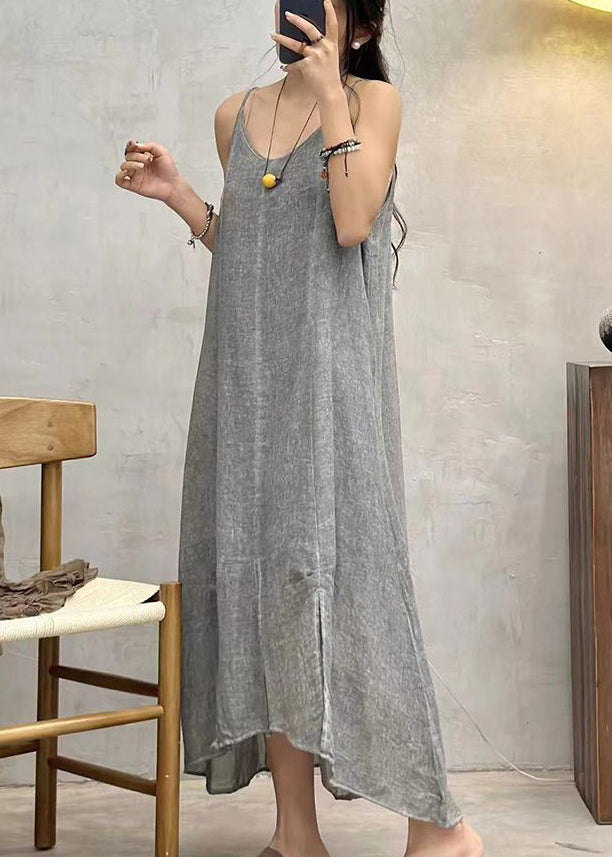 Grey Side Open Linen Spaghetti Strap Dress V Neck Summer