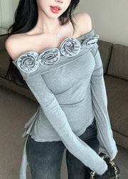 Grey Slash Neck Cold Shoulder Wrinkled Tops Long sleeve