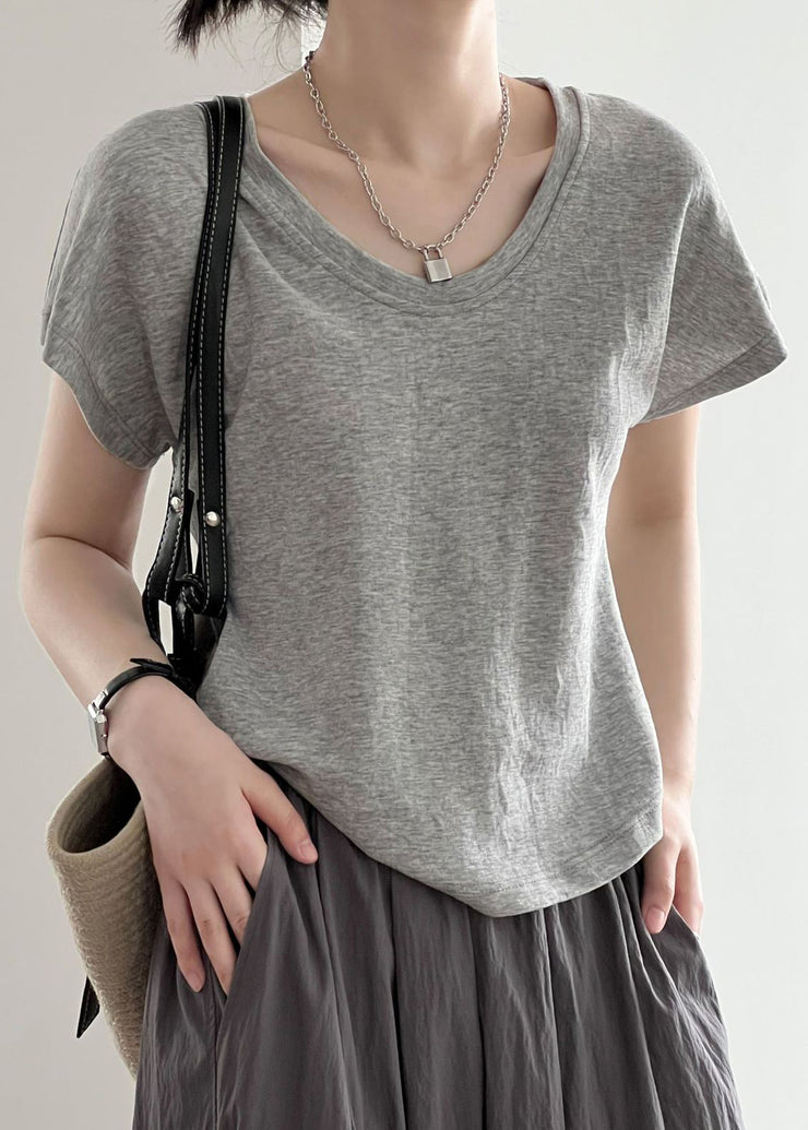 Grey Solid Cotton T Shirt Top O Neck Short Sleeve