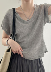 Grey Solid Cotton T Shirt Top O Neck Short Sleeve