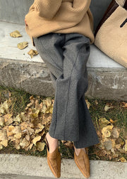 Grey Solid Pockets Woolen Pants Elastic Waist Winter