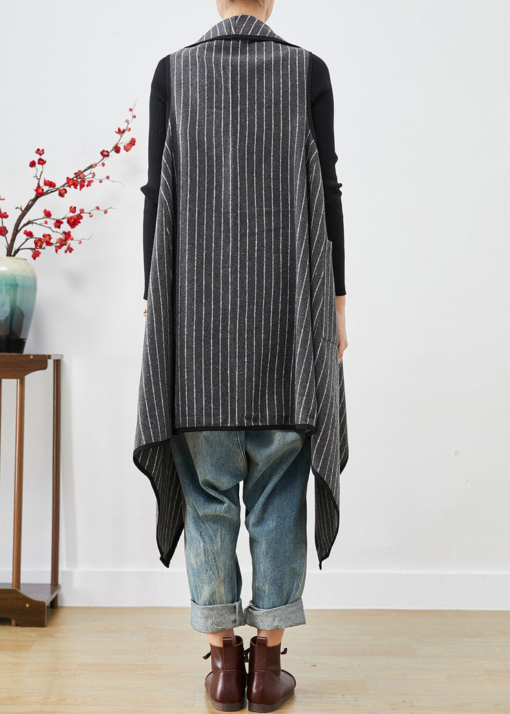 Grey Striped Cotton Long Vest Asymmetrical Oversized Fall