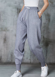 Grey Thick Knit Pants Elastic Waist Zircon Striped Spring