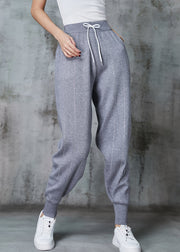 Grey Thick Knit Pants Elastic Waist Zircon Striped Spring