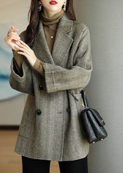 Grey Warm Woolen Coats Oversized Double Breast Fall