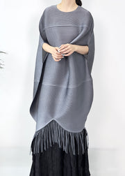 Grey Wrinkled Cotton Long Dress O Neck Batwing Sleeve