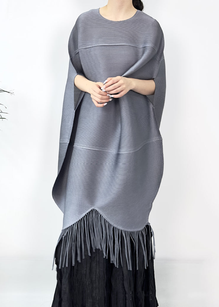 Grey Wrinkled Cotton Long Dress O Neck Batwing Sleeve