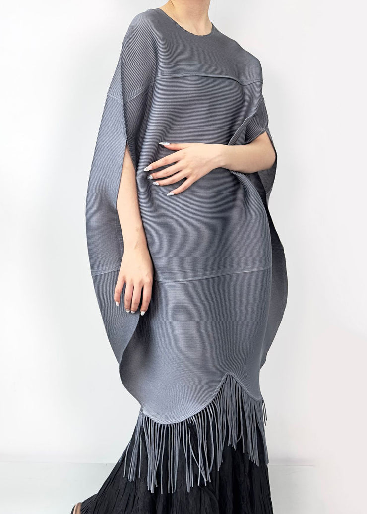 Grey Wrinkled Cotton Long Dress O Neck Batwing Sleeve