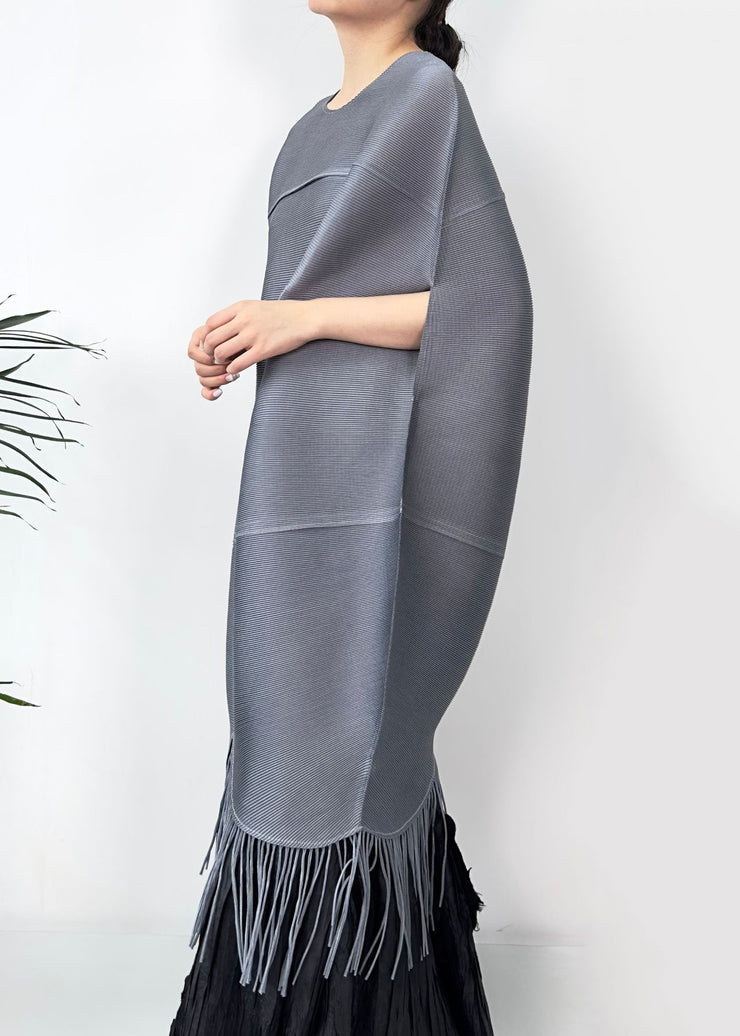 Grey Wrinkled Cotton Long Dress O Neck Batwing Sleeve