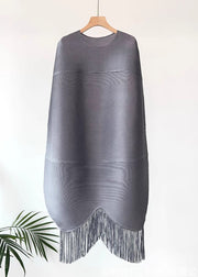 Grey Wrinkled Cotton Long Dress O Neck Batwing Sleeve