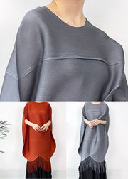 Grey Wrinkled Cotton Long Dress O Neck Batwing Sleeve