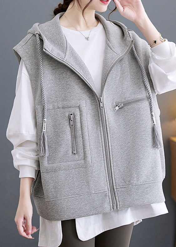 Grey Zippered Drawstring Hooded Waistcoat Sleevele