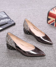 Gun Color Cowhide Leather Zircon Chunky Heels Splicing Pointed Toe