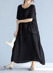 baggy black-floral long linen dresses oversized layered cotton maxi dress vintage short sleeve cotton clothing