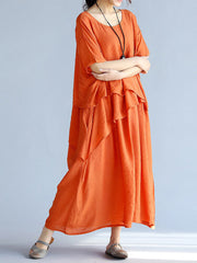 baggy orange-flower long linen dresses oversized layered cotton maxi dress vintage short sleeve cotton clothing