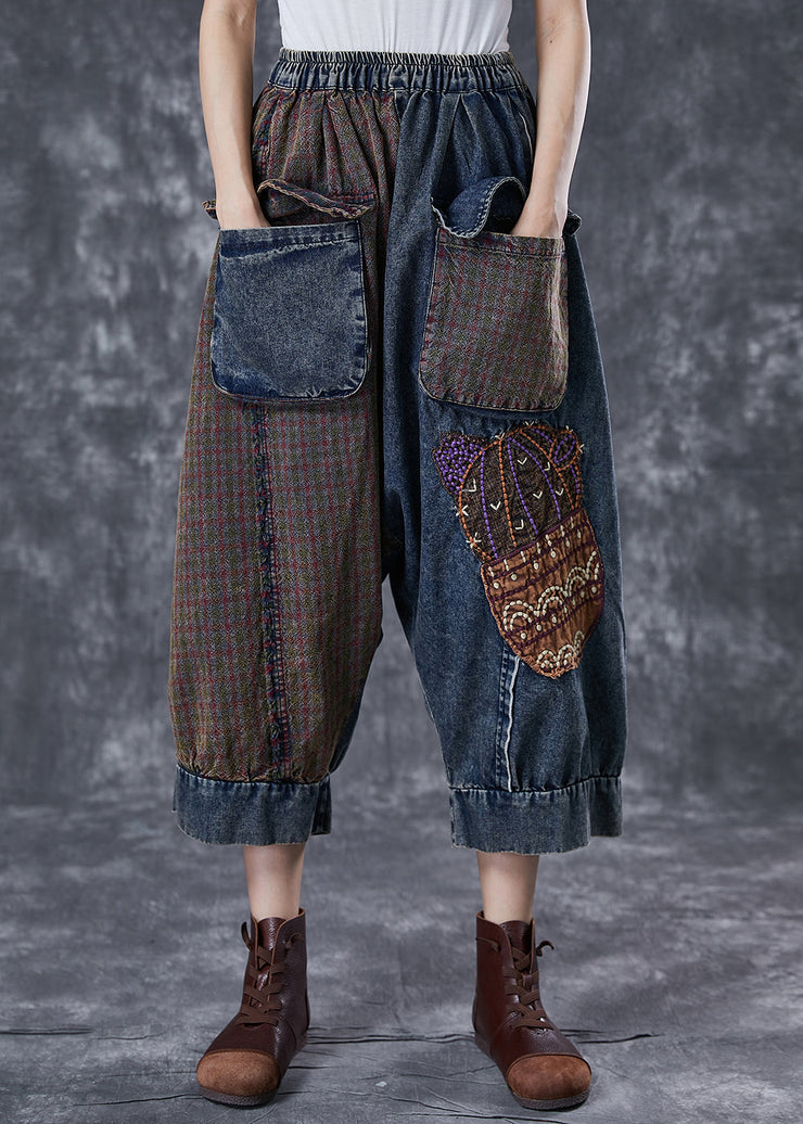 Handmade Applique Asymmetrical Patchwork Pockets Denim Pants Summer