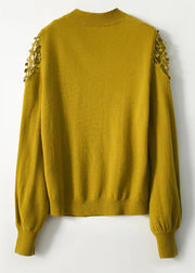 Handmade Apricot O Neck Hollow Out Button Cashmere Knit Pullover Fall