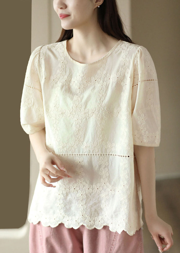 Handmade Apricot O Neck Hollow Out Embroideried Patchwork Cotton Top Summer