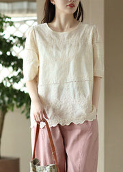 Handmade Apricot O Neck Hollow Out Embroidered Patchwork Cotton Top Summer