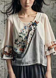 Handmade Apricot O-Neck Print Cotton Blouses Flare Sleeve