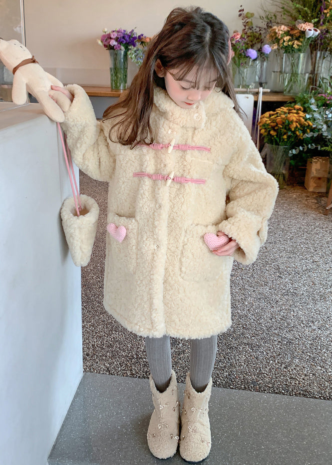 Handmade Apricot Patchwork Pockets Kids Faux Fur Hooded Coat Spring