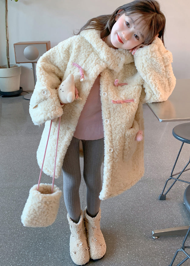 Handmade Apricot Patchwork Pockets Kids Faux Fur Hooded Coat Spring