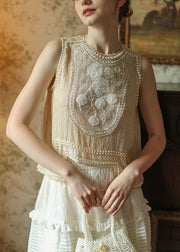 Handmade Apricot Pearl Tasseled Patchwork Tank Sleeveless