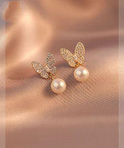 Handmade Apricot Pearl Zircon Asymmetric Butterfly Drop Earrings