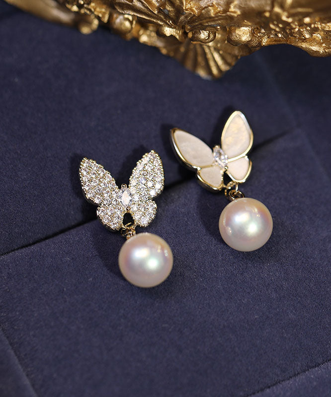 Handmade Apricot Pearl Zircon Asymmetric Butterfly Drop Earrings