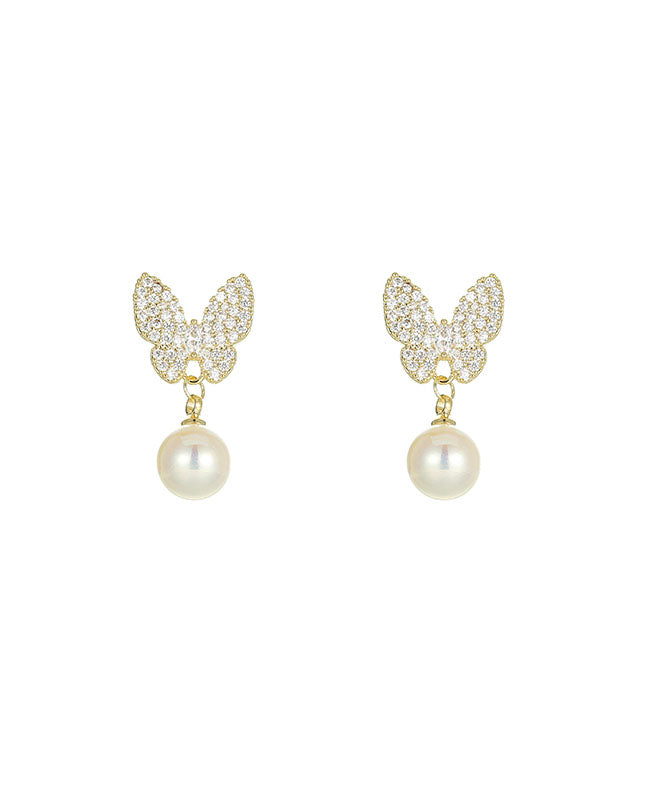 Handmade Apricot Pearl Zircon Asymmetric Butterfly Drop Earrings