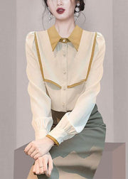 Handmade Apricot Peter Pan Collar Patchwork Chiffon Shirt Tops Spring