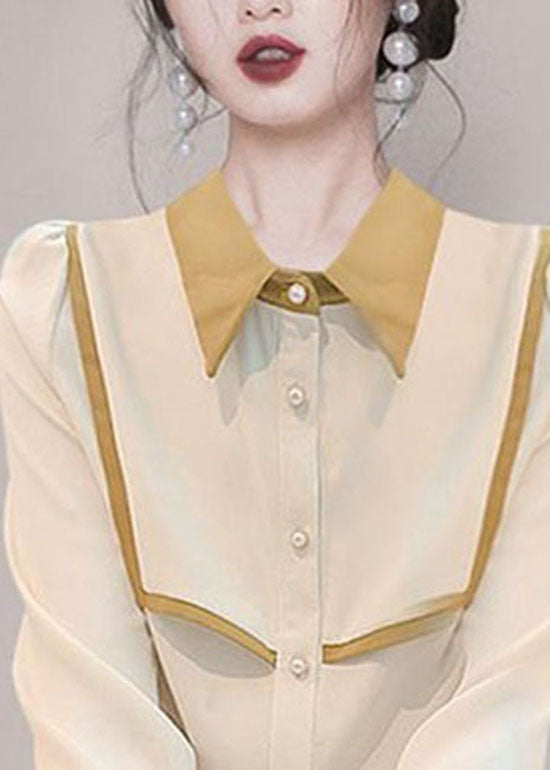 Handmade Apricot Peter Pan Collar Patchwork Chiffon Shirt Tops Spring