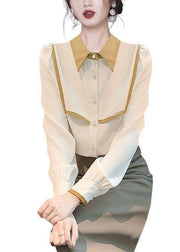 Handmade Apricot Peter Pan Collar Patchwork Chiffon Shirt Tops Spring