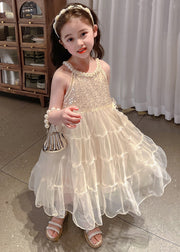 Handmade Apricot Sequins Tulle Patchwork Girls Dress Sleeveless